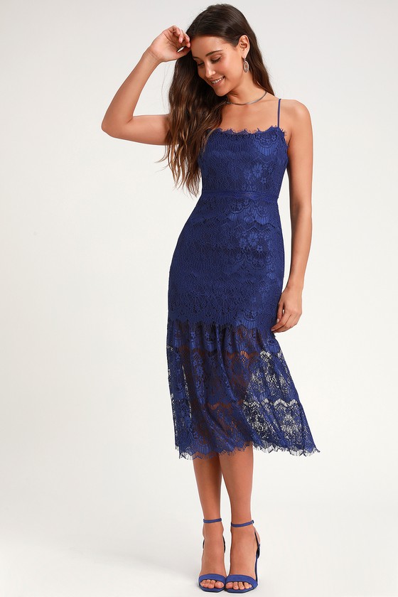 Lovely Royal Blue Lace Dress - Midi Dress - Sleeveless Dress - Lulus