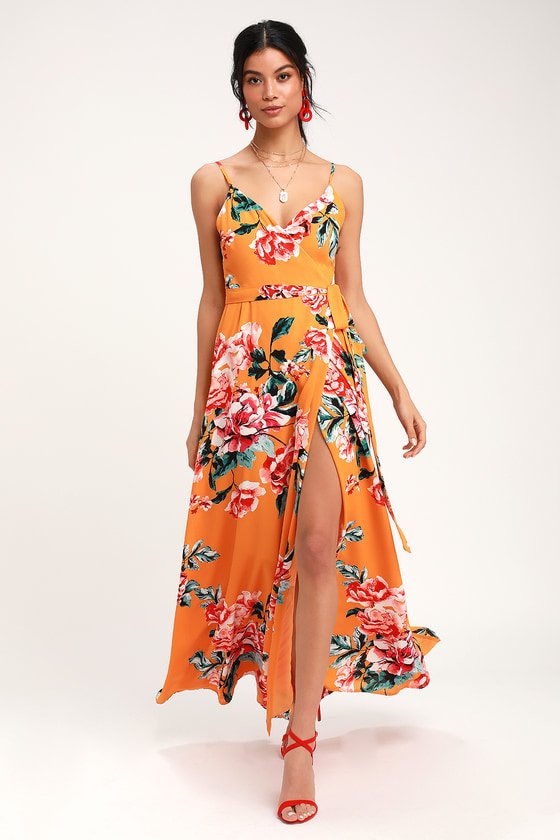 Chic Orange Floral Print Dress - Wrap Dress - Orange Maxi Dress - Lulus
