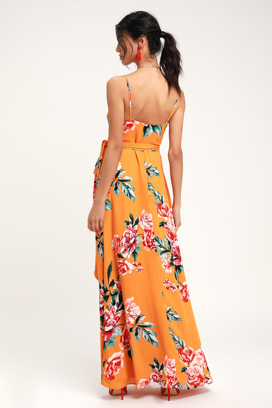 Chic Orange Floral Print Dress - Wrap Dress - Orange Maxi Dress - Lulus
