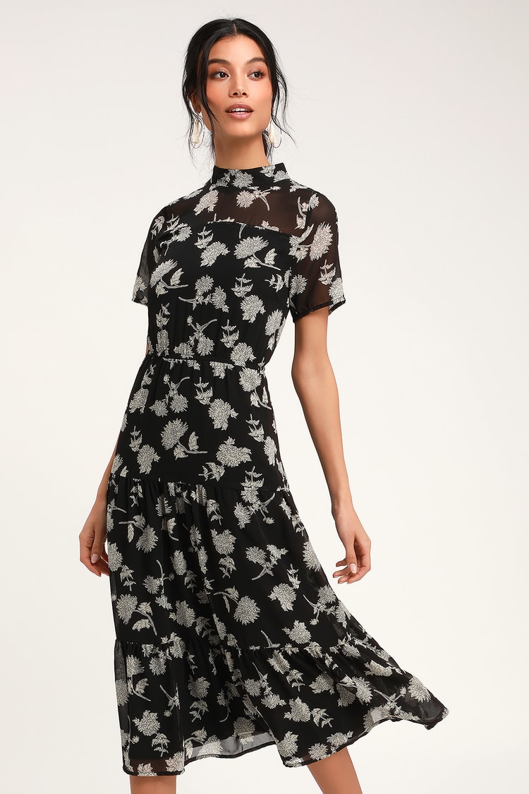 Black Floral Print Dress - Black Midi Dress - Short Sleeve Dress - Lulus