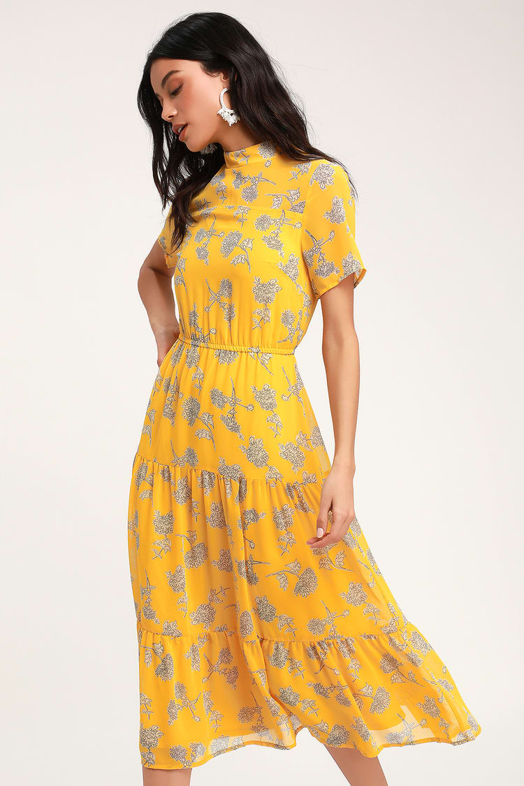 Yellow Floral Print Dress - Midi Dress - Short Sleeve Dress - Lulus