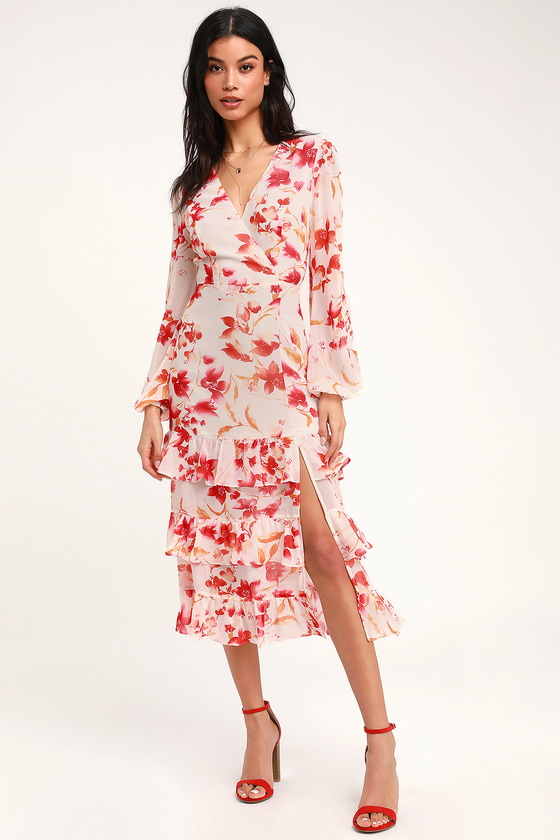 Lovely Cream Floral Print Dress - Long Sleeve Dress - Midi Dress - Lulus