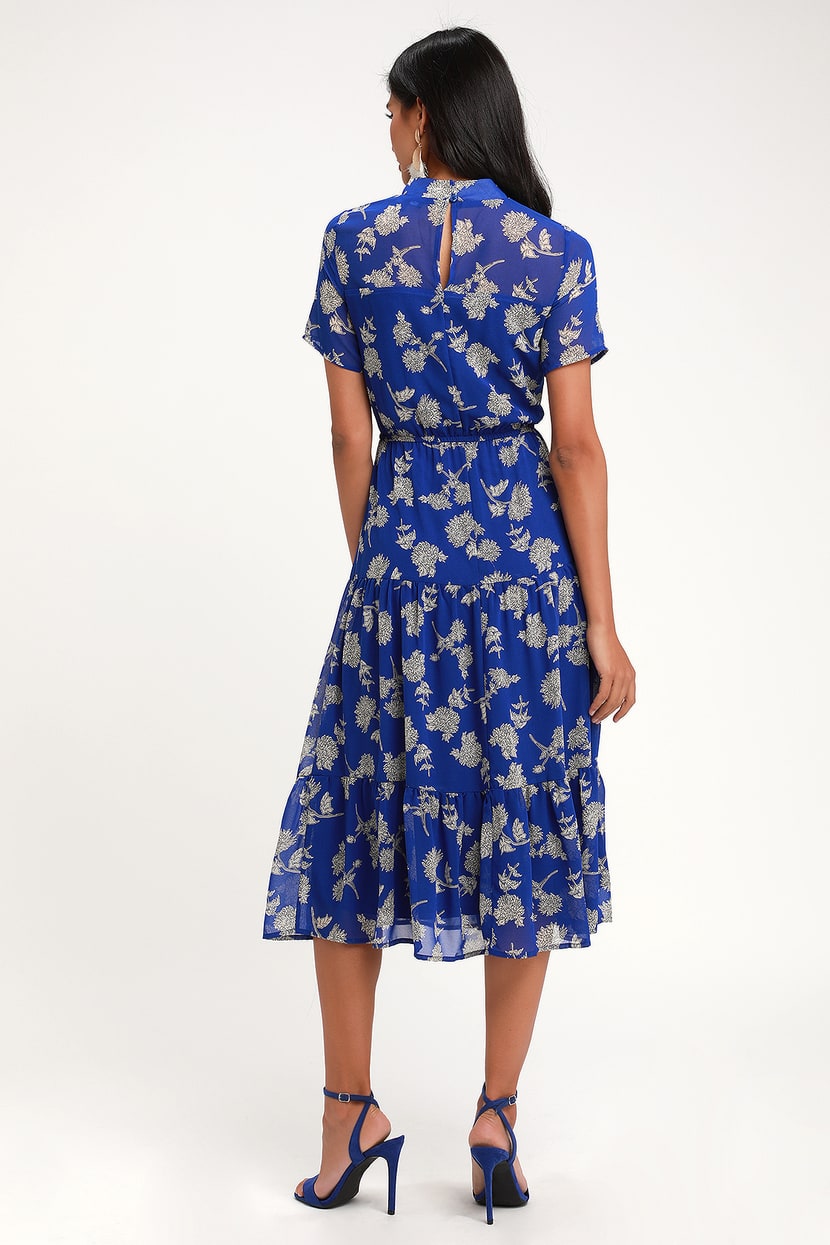 Royal Blue Floral Print Dress - Midi Dress - Short Sleeve Dress - Lulus