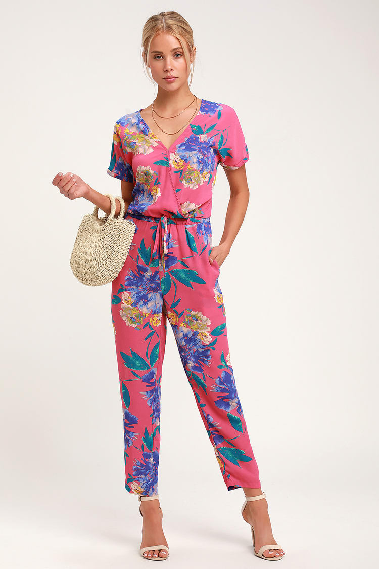 strelen Veroveren Helderheid Hot Pink Floral Print Jumpsuit - Surplice Jumpsuit - Lulus