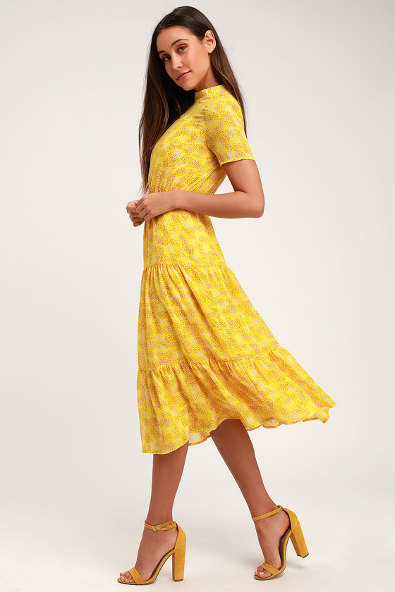 Cute Floral Print Dress - Yellow Midi Dress - Short Sleeve Dress - Lulus
