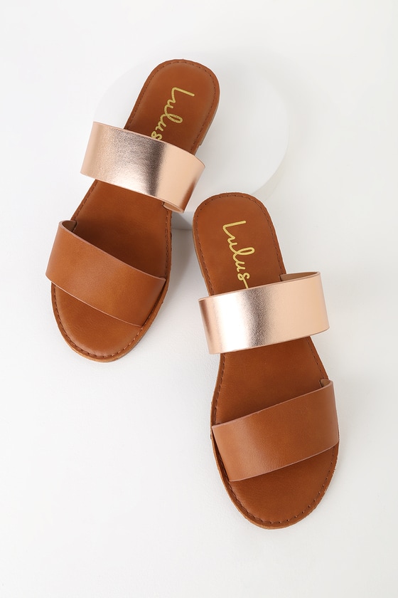 Cute Rose Gold Sandals - Slide Sandals - Flat Sandals - Slides - Lulus
