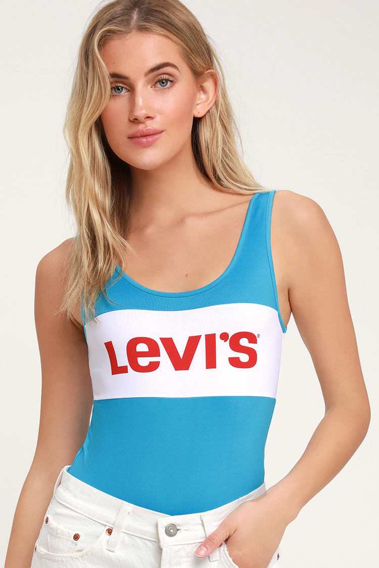 Levi's Colorblock Bodysuit - Turquoise and White Cheeky Bodysuit - Lulus