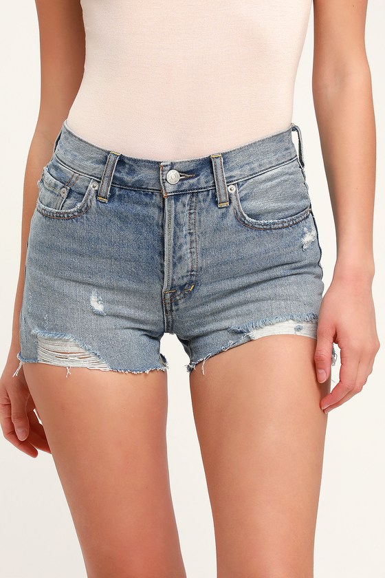 Free People Sofia Light Wash Distressed Denim Light Wash Shorts Lulus