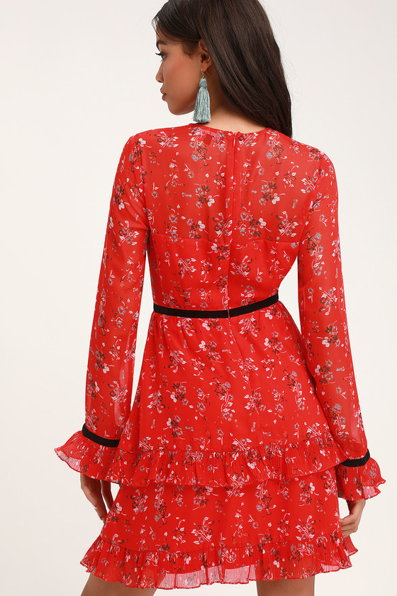 Cute Red Floral Print Dress Long Sleeve Dress Mini Dress