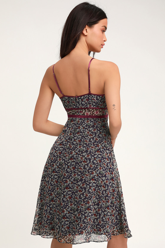 Cute Navy Blue Floral Print Dress Moody Floral Print Midi Dress Lulus