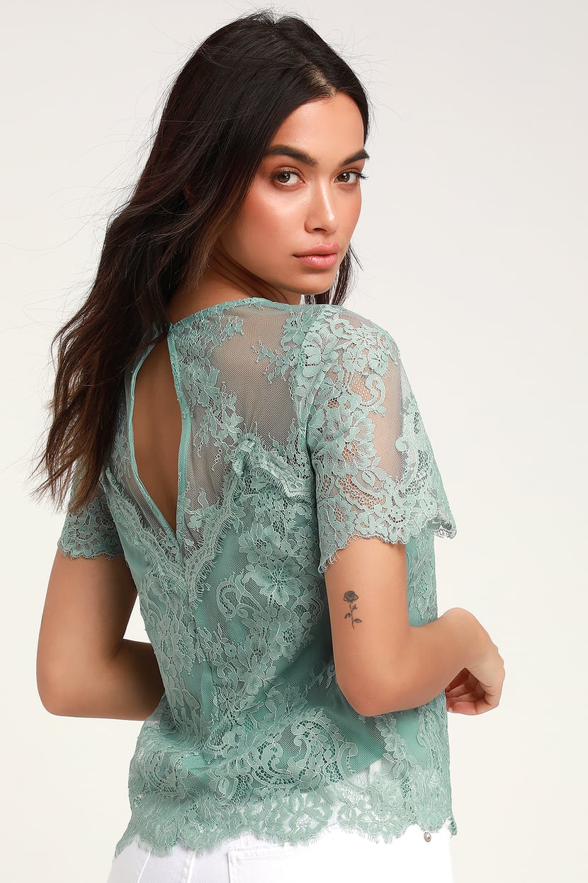 Chic Sage Green Top - Lace Top - Short Sleeve Top - Lulus