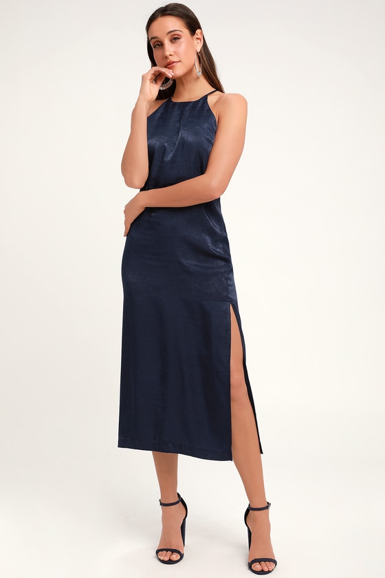 satin midi dress blue