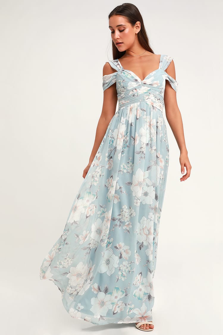 Lovely Light Blue Floral Print Dress - Floral Maxi Dress - Gown - Lulus
