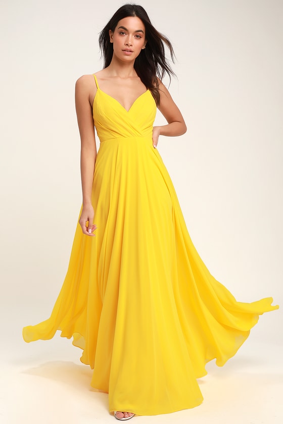 Lovely Yellow Maxi Dress - Yellow Surplice Bridesmaid Dress - Lulus