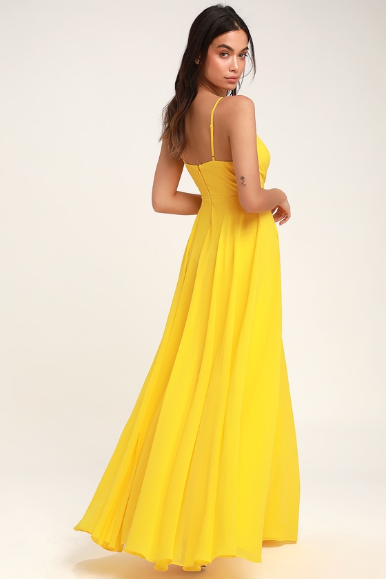 Lovely Yellow Maxi Dress - Yellow Surplice Bridesmaid Dress - Lulus