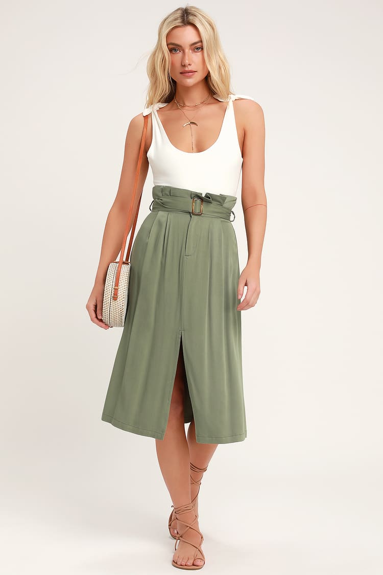 Cute Paper Bag Waist Skirt - Midi Skirt - Green Midi Skirt - Lulus