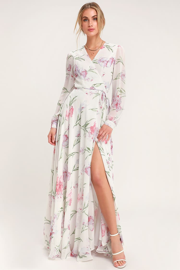 Glam White Dress - Floral Print Maxi Dress - Wrap Dress - Lulus