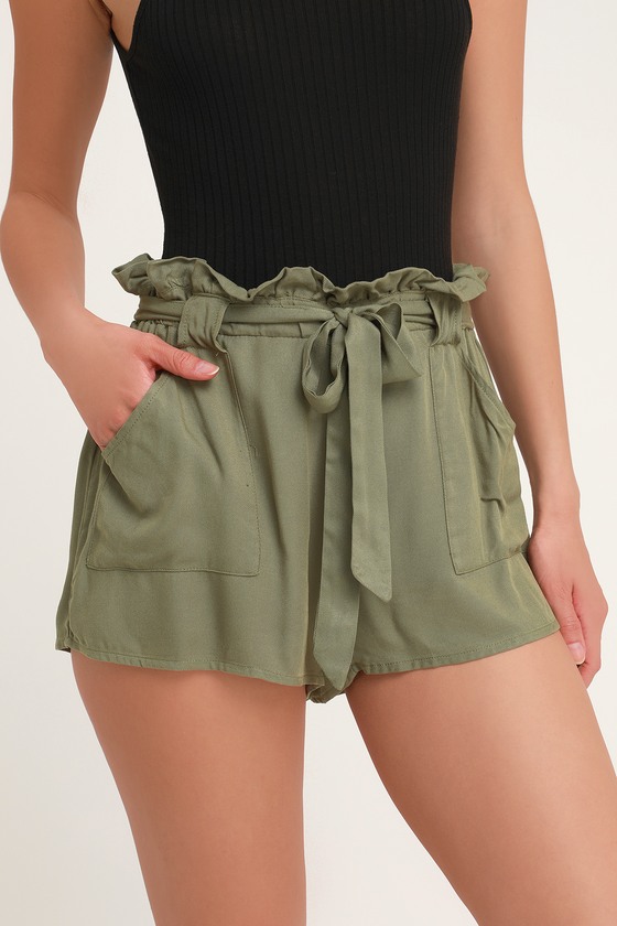 olive green paperbag shorts