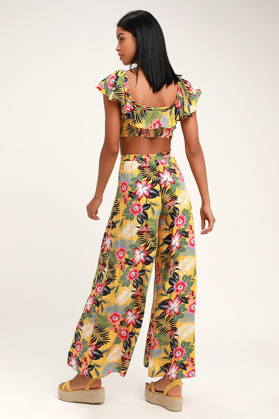 Cute Yellow Tropical Print Two Piece Jumpsuit Two Piece Set 8347