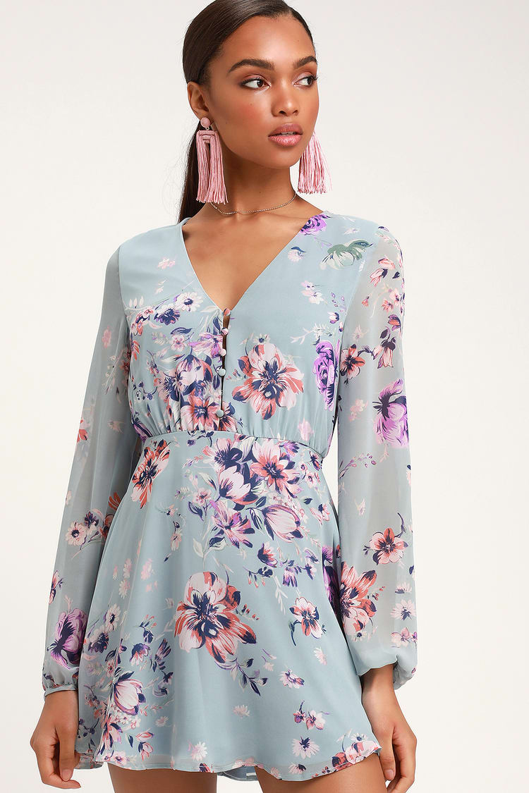 Cute Light Blue Skater Dress - Floral Print Dress - Skater Dress - Lulus