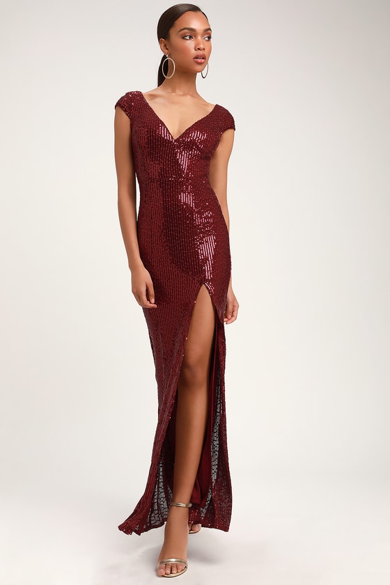 burgundy sequin evening gown