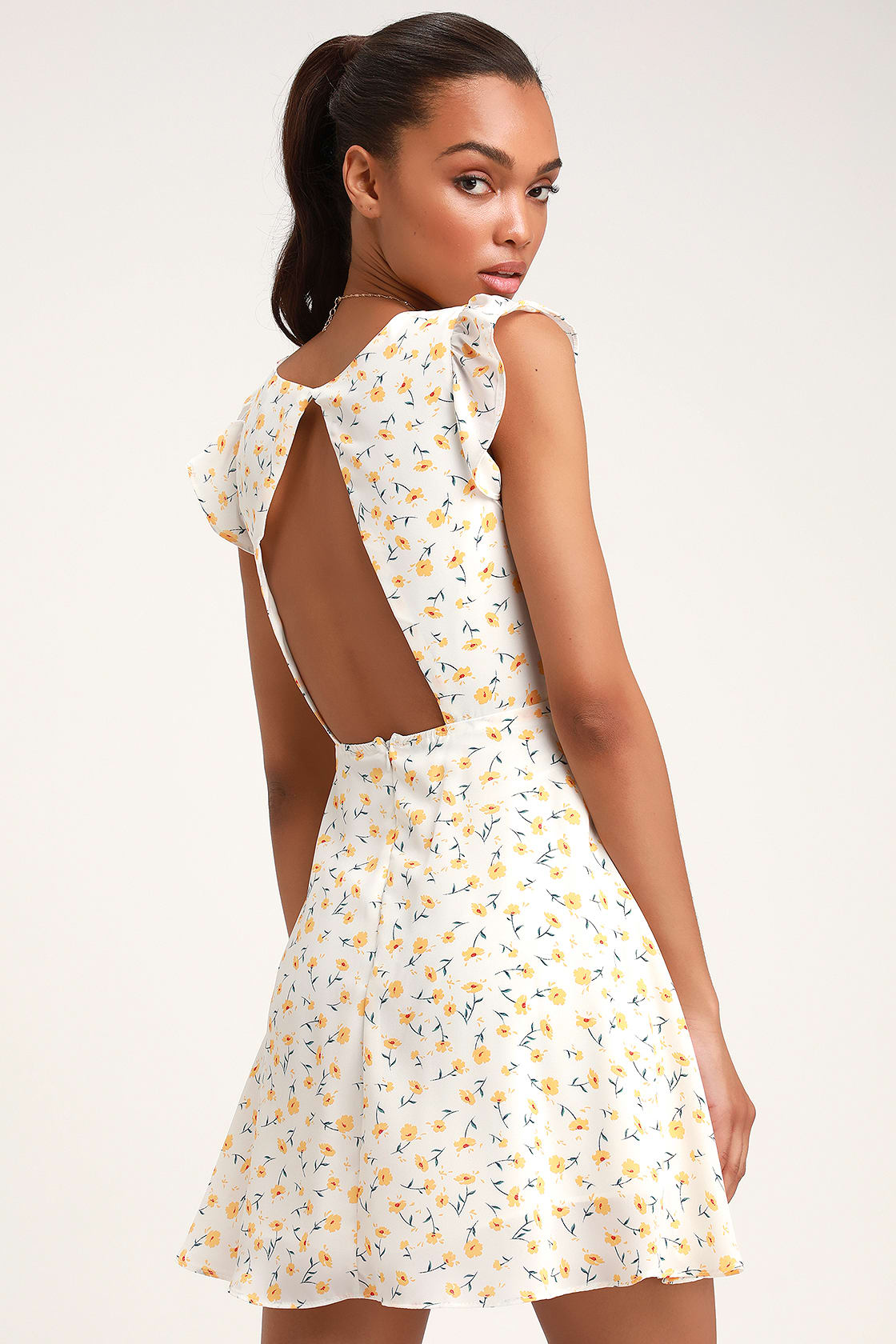 Cute White Floral Print Dress - Backless Dress - Skater Dress - Lulus