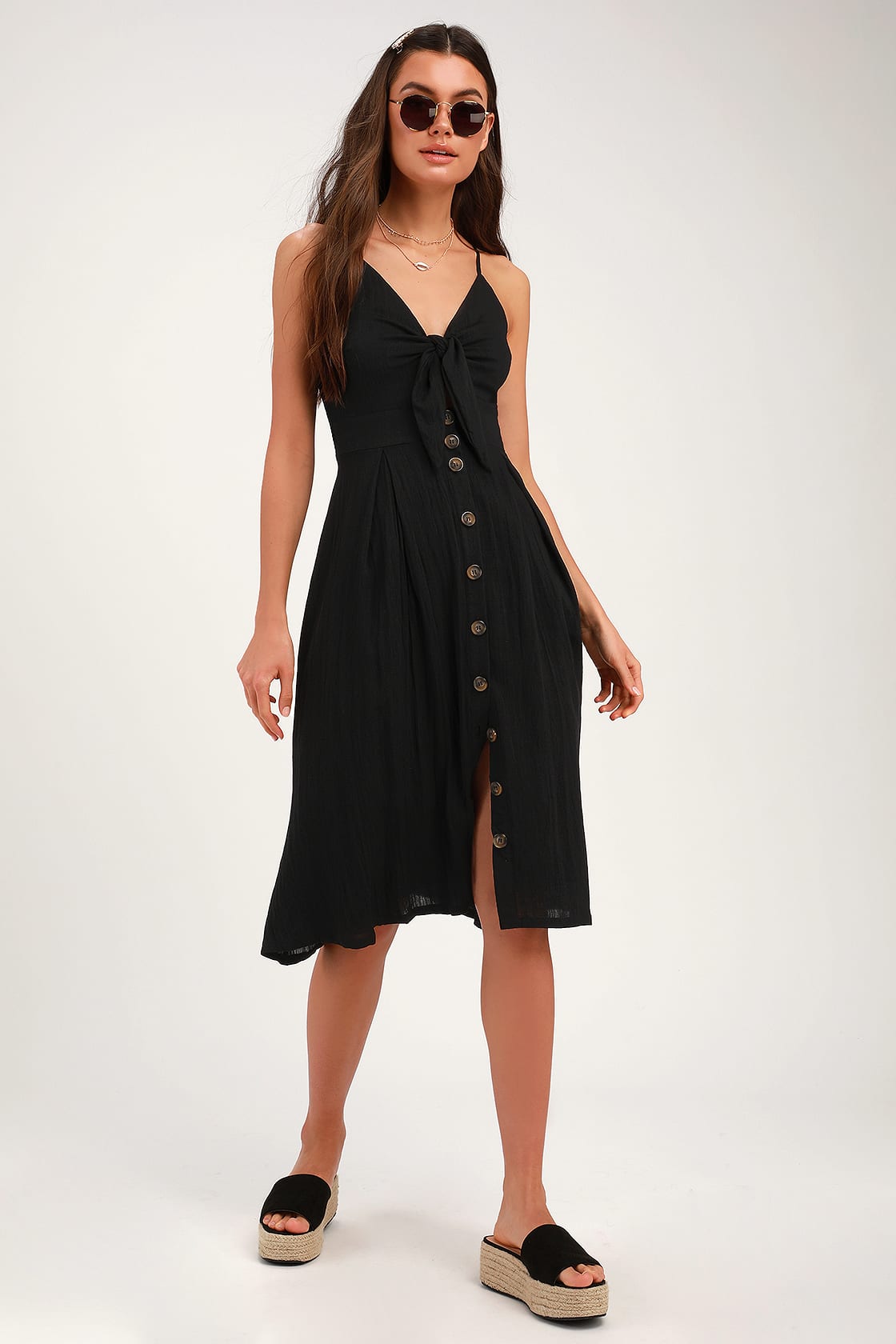 Cute Black Keyhole Dress - Front-Tying Midi Dress - Midi Dress - Lulus