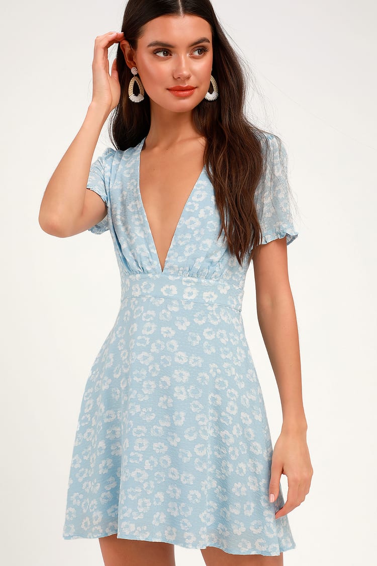 Cute Light Blue Floral Print Dress - Floral Mini Dress - Sundress - Lulus