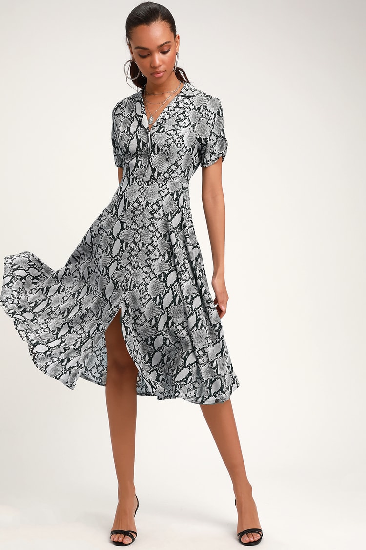 Chic Grey Snake Print Dress - Collared Dress - Snake Midi Dress - Lulus