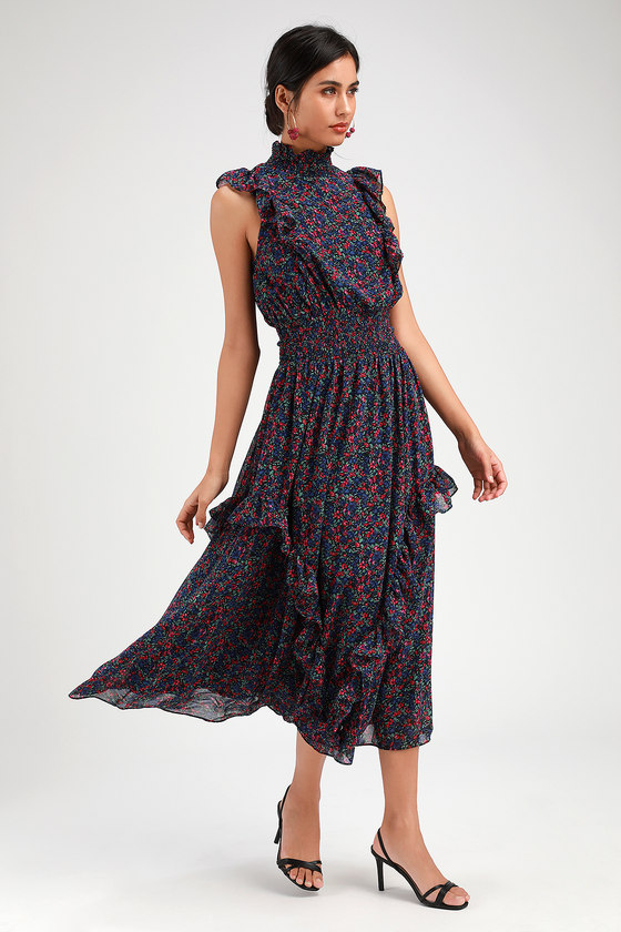 Navy Blue Floral Print Dress - Mock Neck Dress - Midi Dress