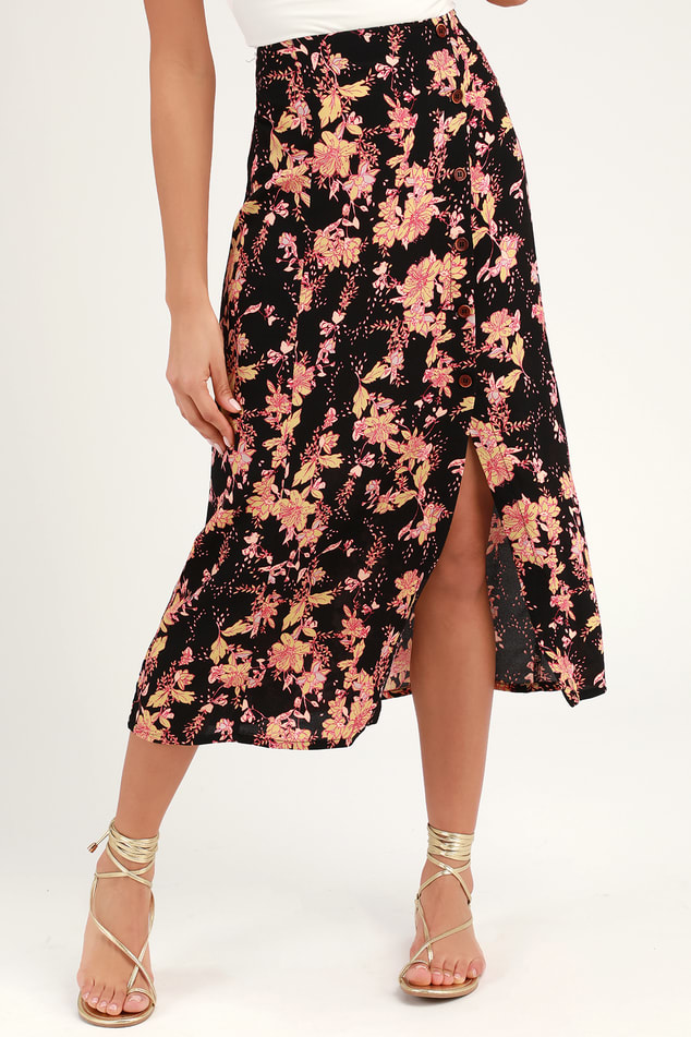 Free People Retro Love - - Midi - Skirt Skirt Midi Black Floral Lulus