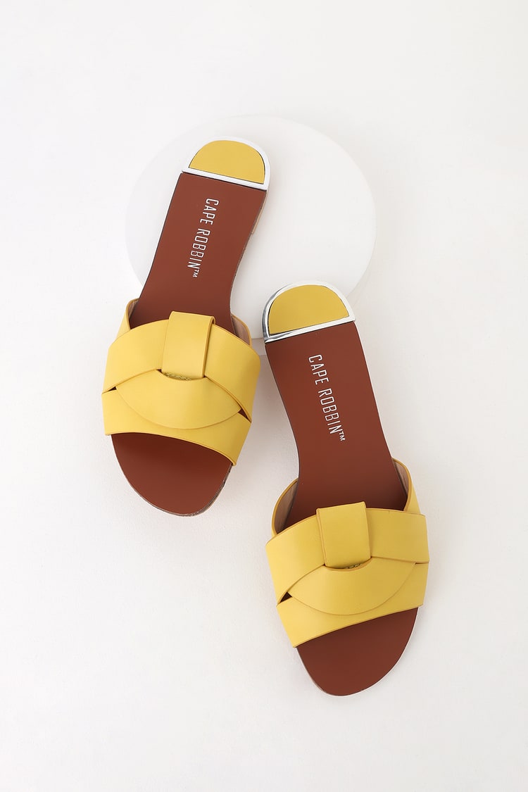 Cute Yellow Slide Sandals - Flat Sandals - Peep-Toe Sandals - Lulus
