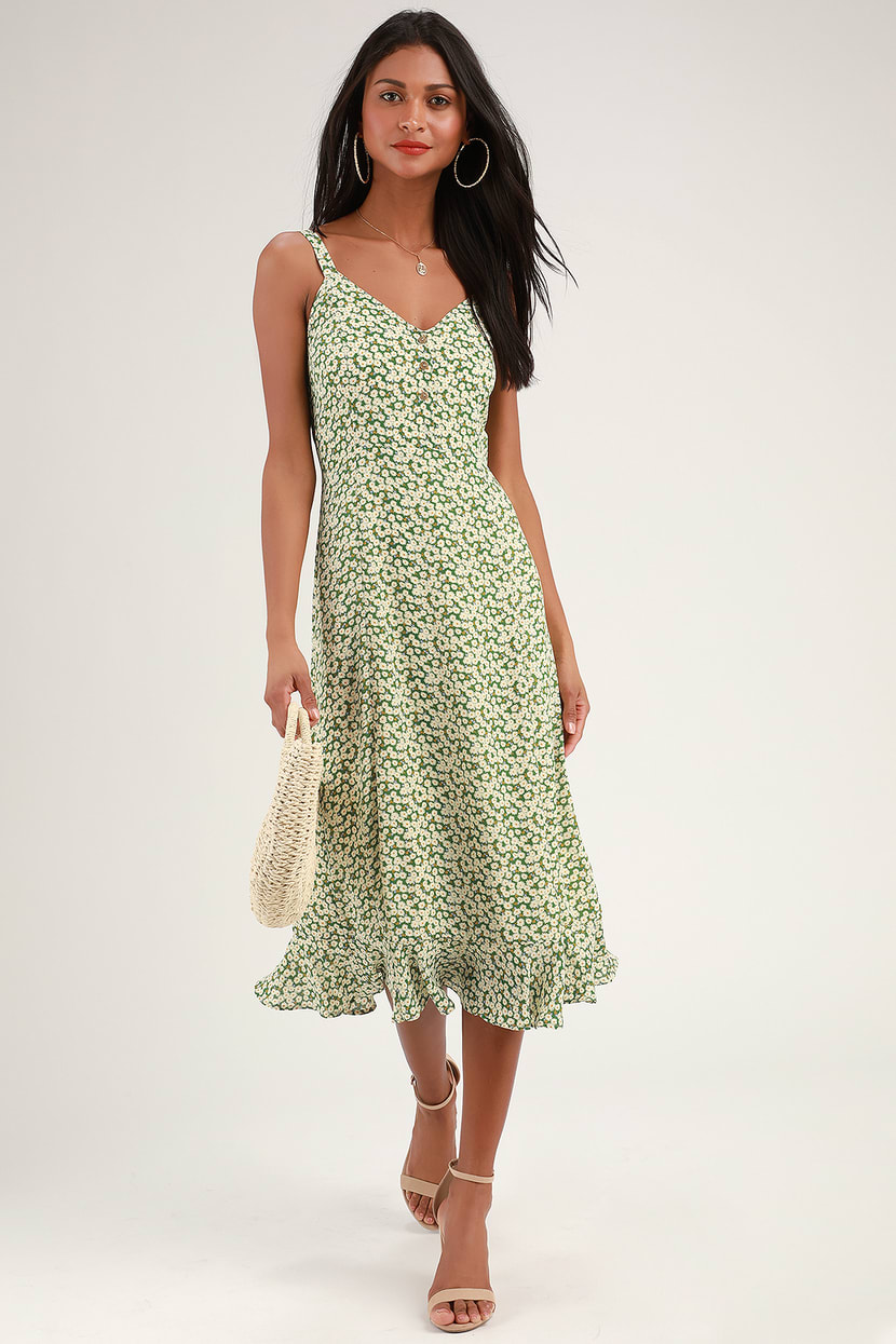 Cute Green Floral Print Dress - Floral Midi Dress - Sheath Dress - Lulus