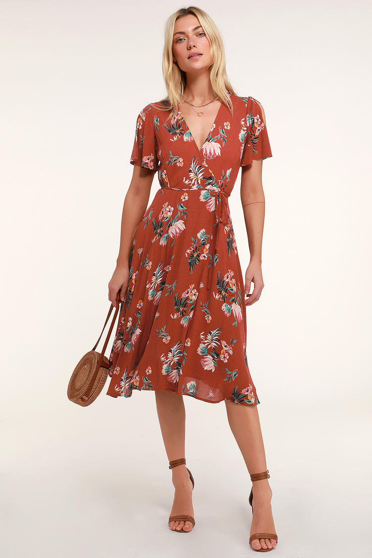Rust Red Tropical Print Dress - Wrap Dress - Wrap Midi Dress - Lulus