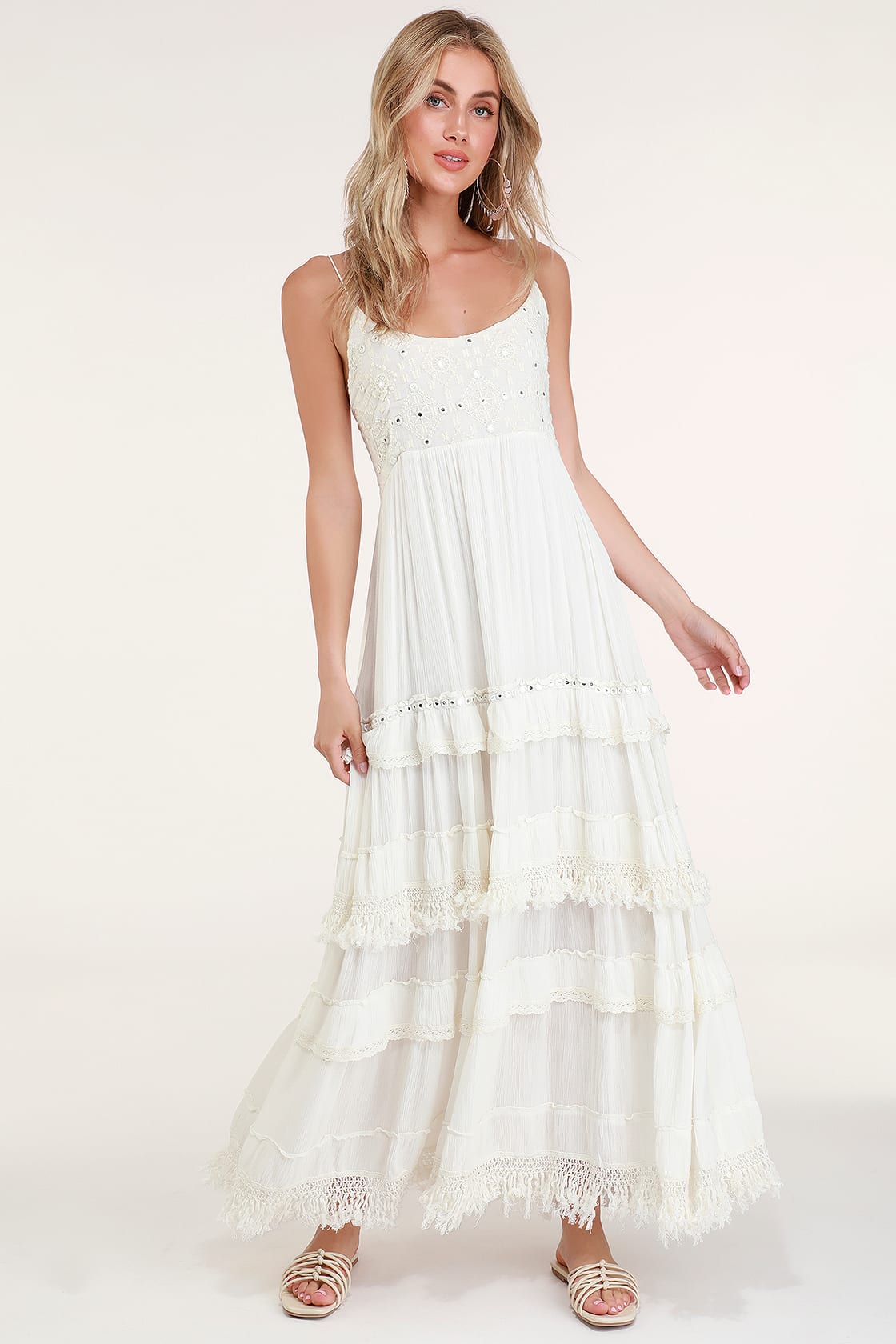 Boho Off White Dress - Beaded Dress - Maxi Dress - Tiered Maxi - Lulus