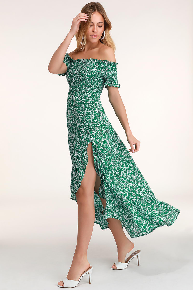 Lulus Fleur-tation Green Floral Print Off-the-Shoulder Midi Dress $74
