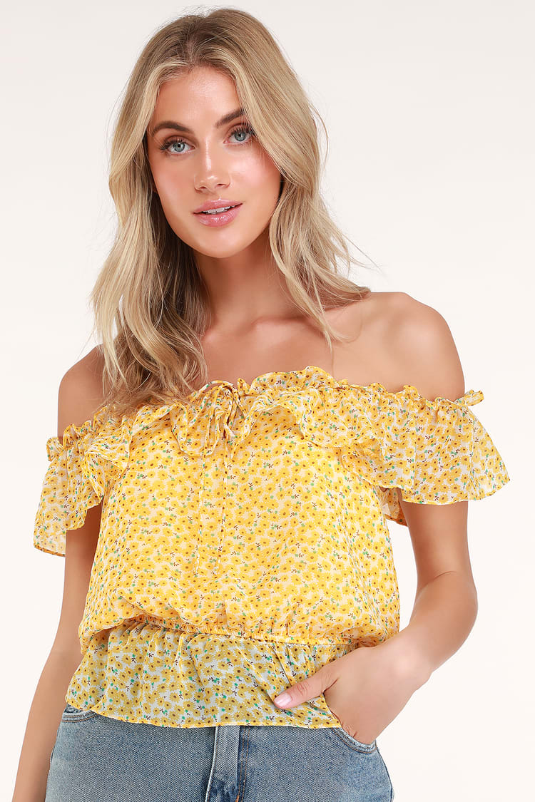 Cute Yellow Floral Print Off-the-Shoulder Top - Ruffled Top - Lulus