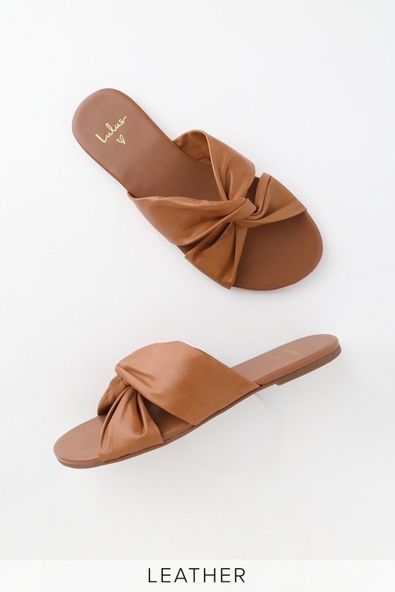 Cognac Leather Sandals - Slide Sandals - Knotted Sandals - Lulus