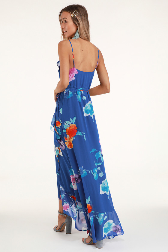 Lovely Royal Blue Floral Print Dress - Wrap Dress - Maxi Dress - Lulus