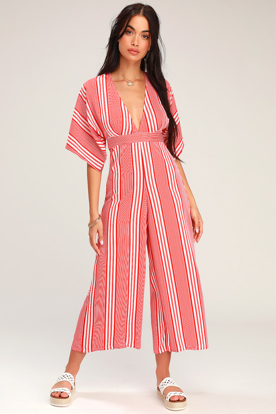 Fun Red and White Jumpsuit - Striped Jumpsuit - Wide-Leg Jumpsuit - Lulus