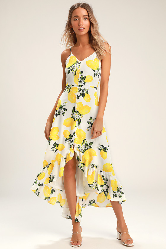 Lemon Print Dress - High-Low Midi Dress 