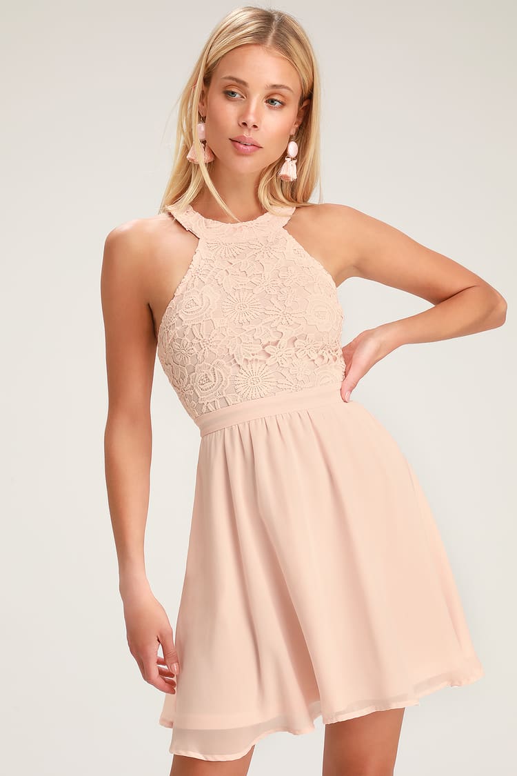 Cute Blush Pink Dress - Lace Dress - Halter Skater Dress - Lulus