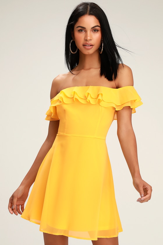 yellow off the shoulder ruffle dress