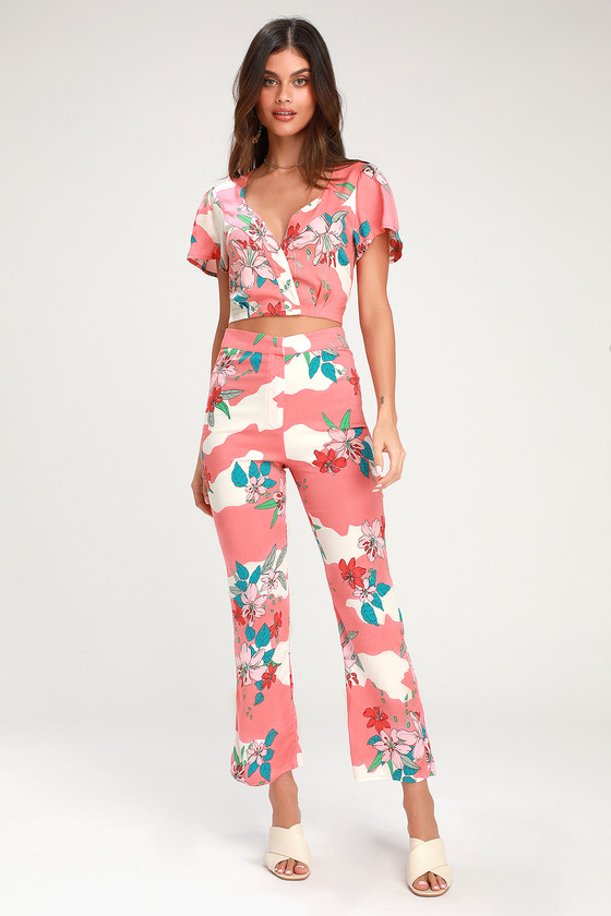 Amuse Society Kori Pants - Coral Pink Pants - Floral Print Pants