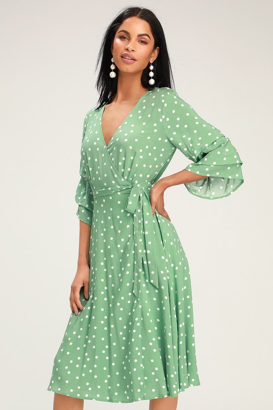 Chic Green Dress - Green Polka Dot Dress - Flounce Sleeve Dress - Lulus
