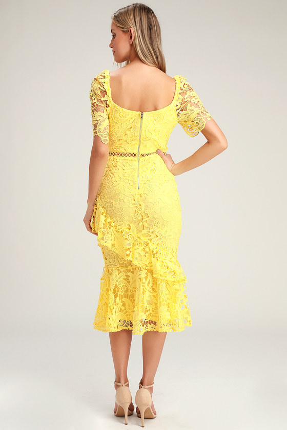 Lovely Yellow Dress - Lace Dress - Midi Dress - Trumpet Dress - Lulus