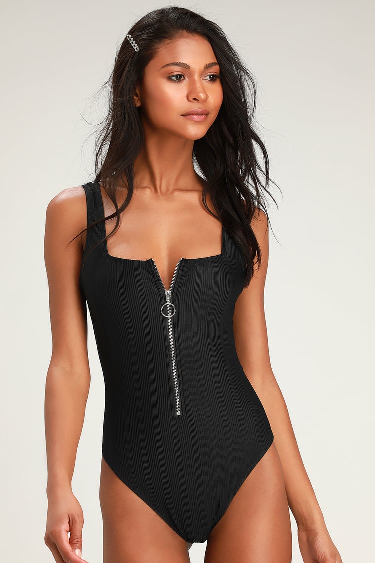 Cute Ribbed Swimsuit - One Piece Swimsuit - Zip-Front Swimsuit - Lulus