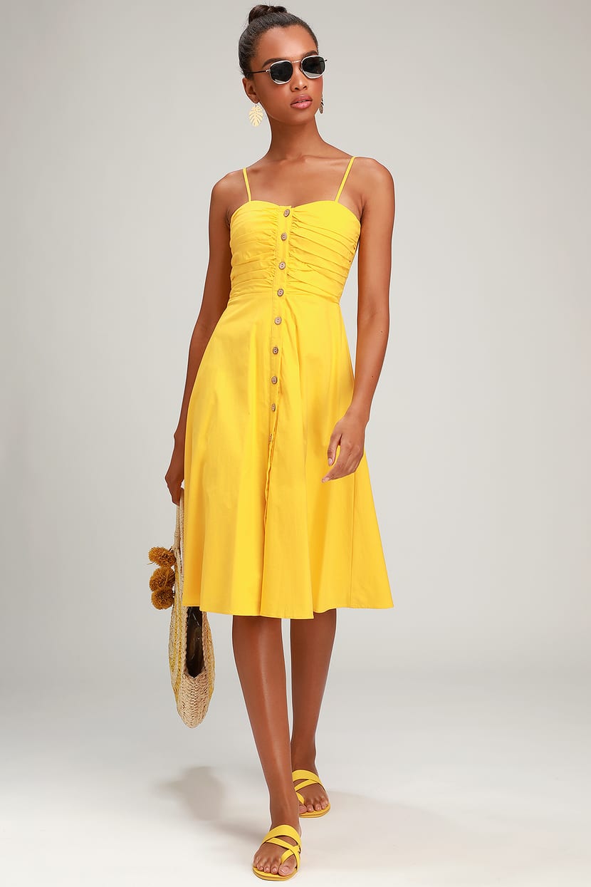 Cute Golden Yellow Dress - Midi Dress - Button-Up Midi Dress - Lulus
