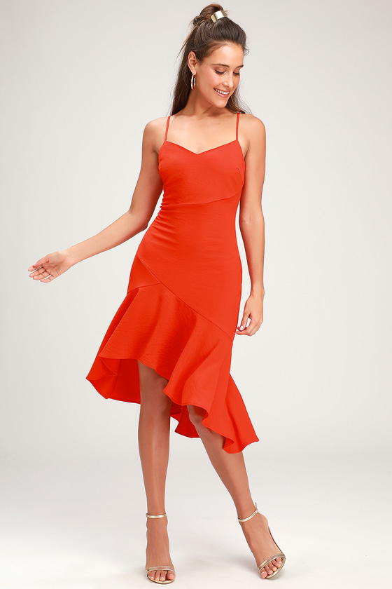 Chic Coral Red Dress - Bodycon Dress - Asymmetrical Dress - Lulus
