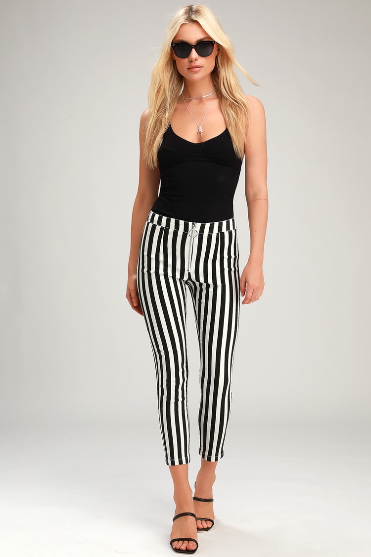 Cool Black and White Jeans - Striped Jeans - Zip-Front Jeans - Lulus